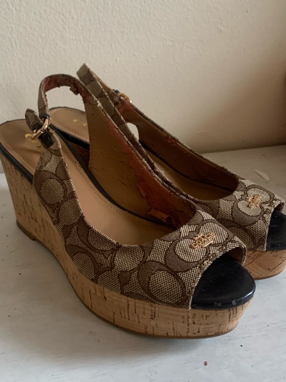 Coach Brown Signature Peep-Toe Slingback Wedges with Dark Brown Toe